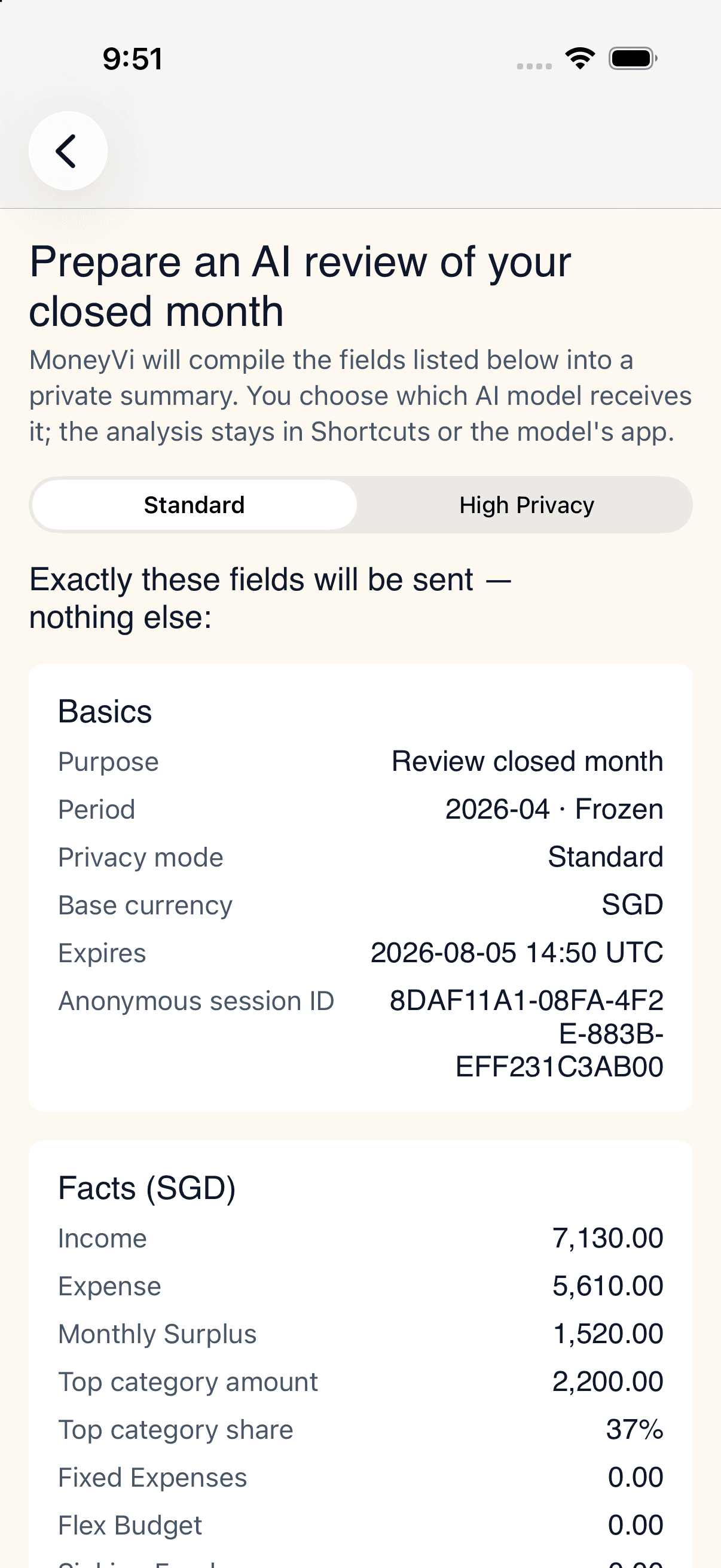 MoneyVi fields and privacy choices before sharing, shown as a detail view