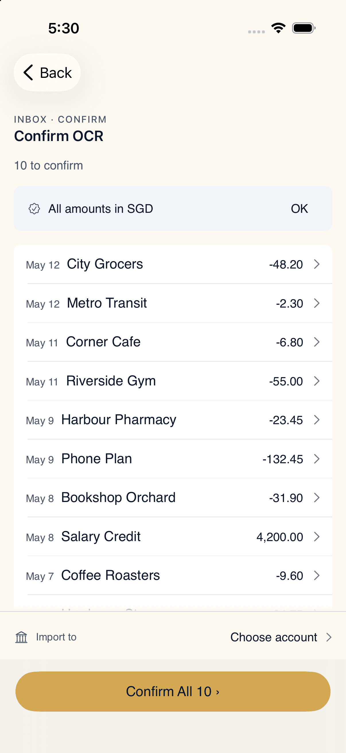 MoneyVi import review showing demonstration data